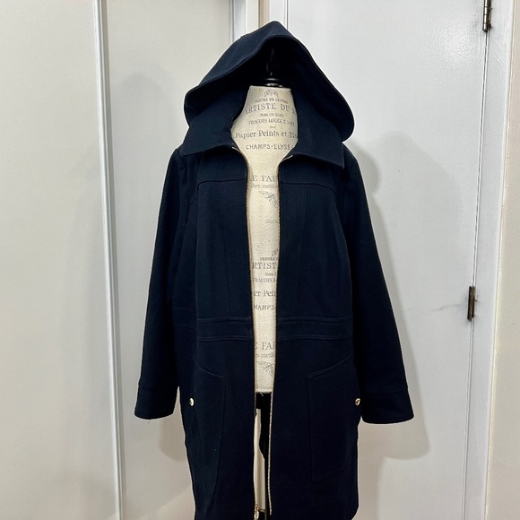 MICHAEL KORS Zip-Up Removable Hood Wool Coat Women Deep Black Lined Goldcolor 1X - Picture 1 of 16